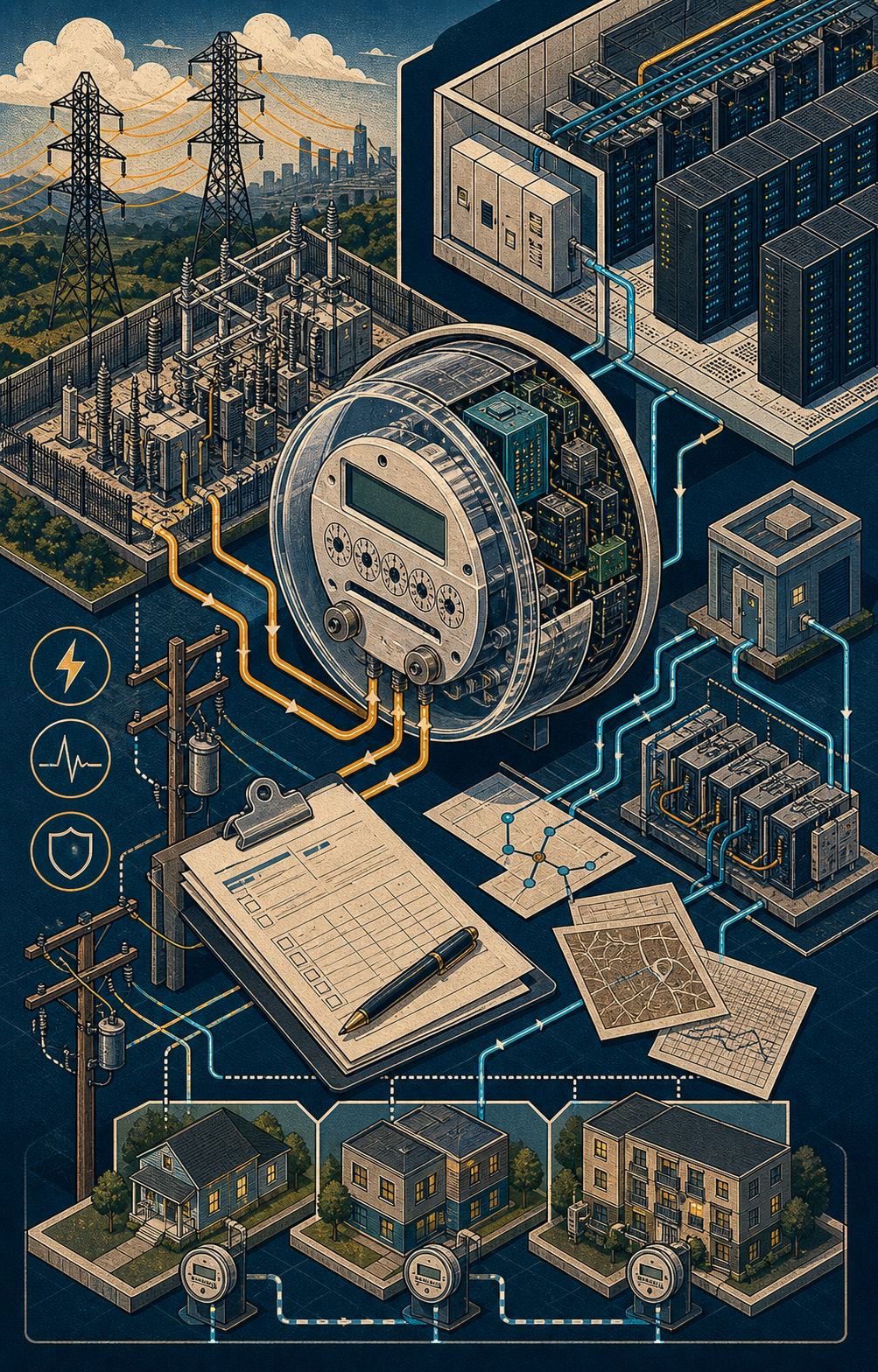 Illustrated cutaway poster of a utility meter, substation, feeder lines, server rooms, and data-center load path.