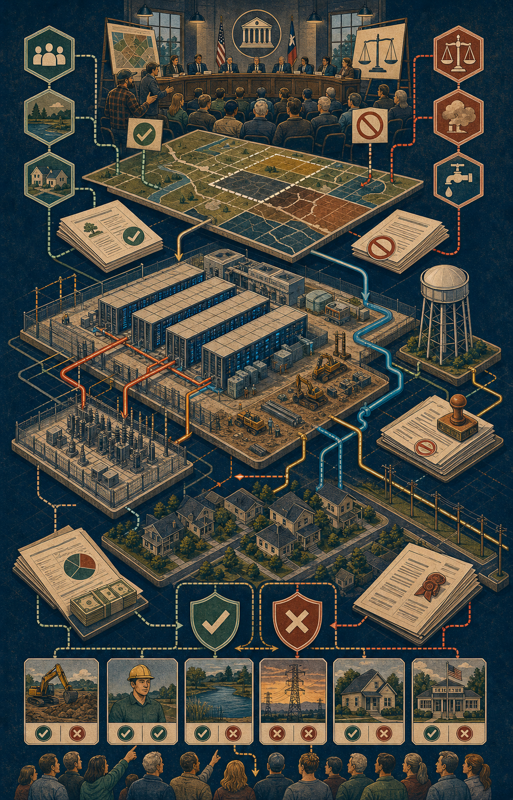 Illustrated civic cutaway poster of a local data-center project with town hall, parcel maps, construction blocks, substation, water tower, neighborhood, and feeder lines.