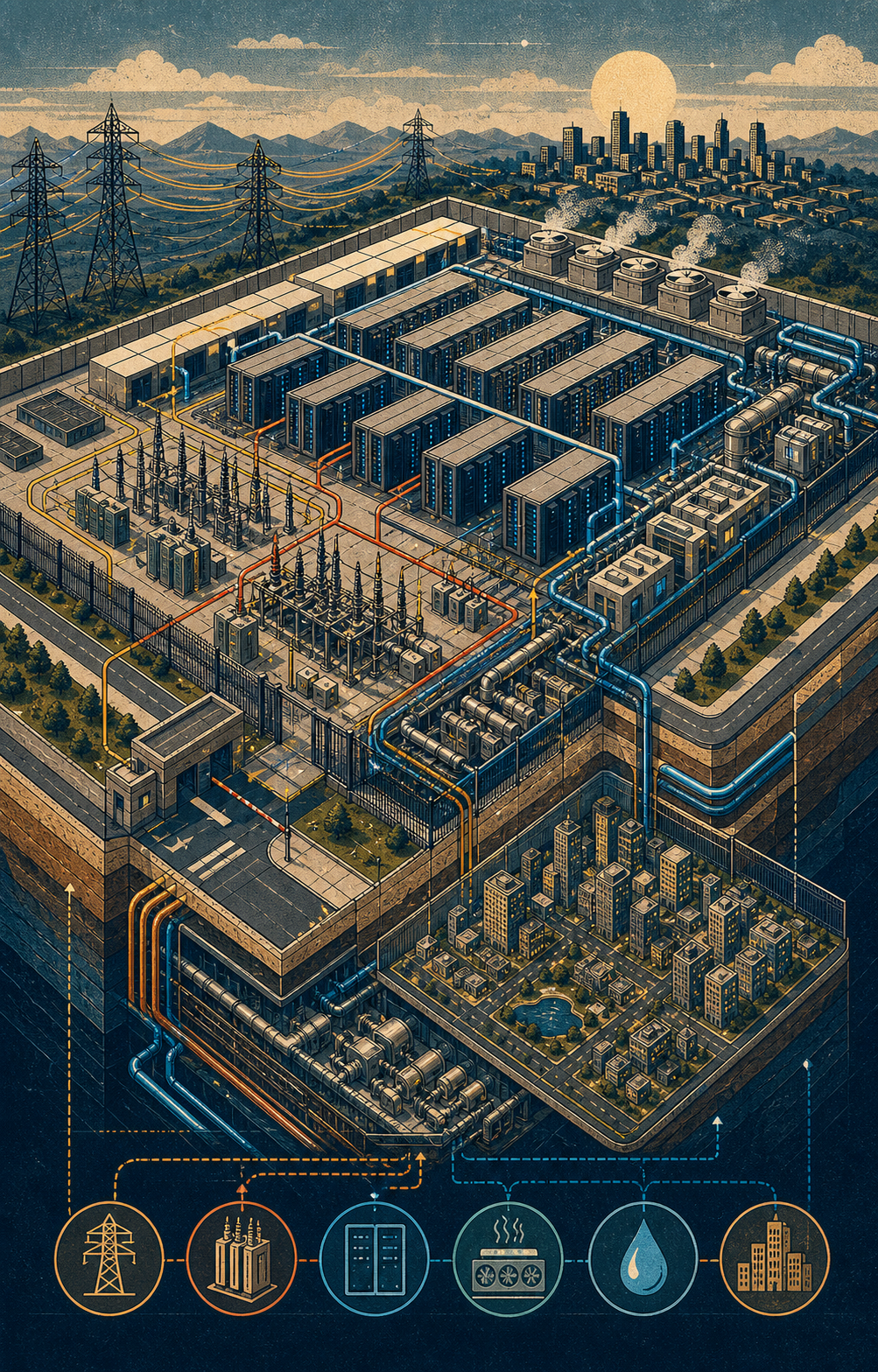 Illustrated cross-section poster of a fenced data-center campus with server halls, substations, cooling pipes, transmission lines, and city-scale load.
