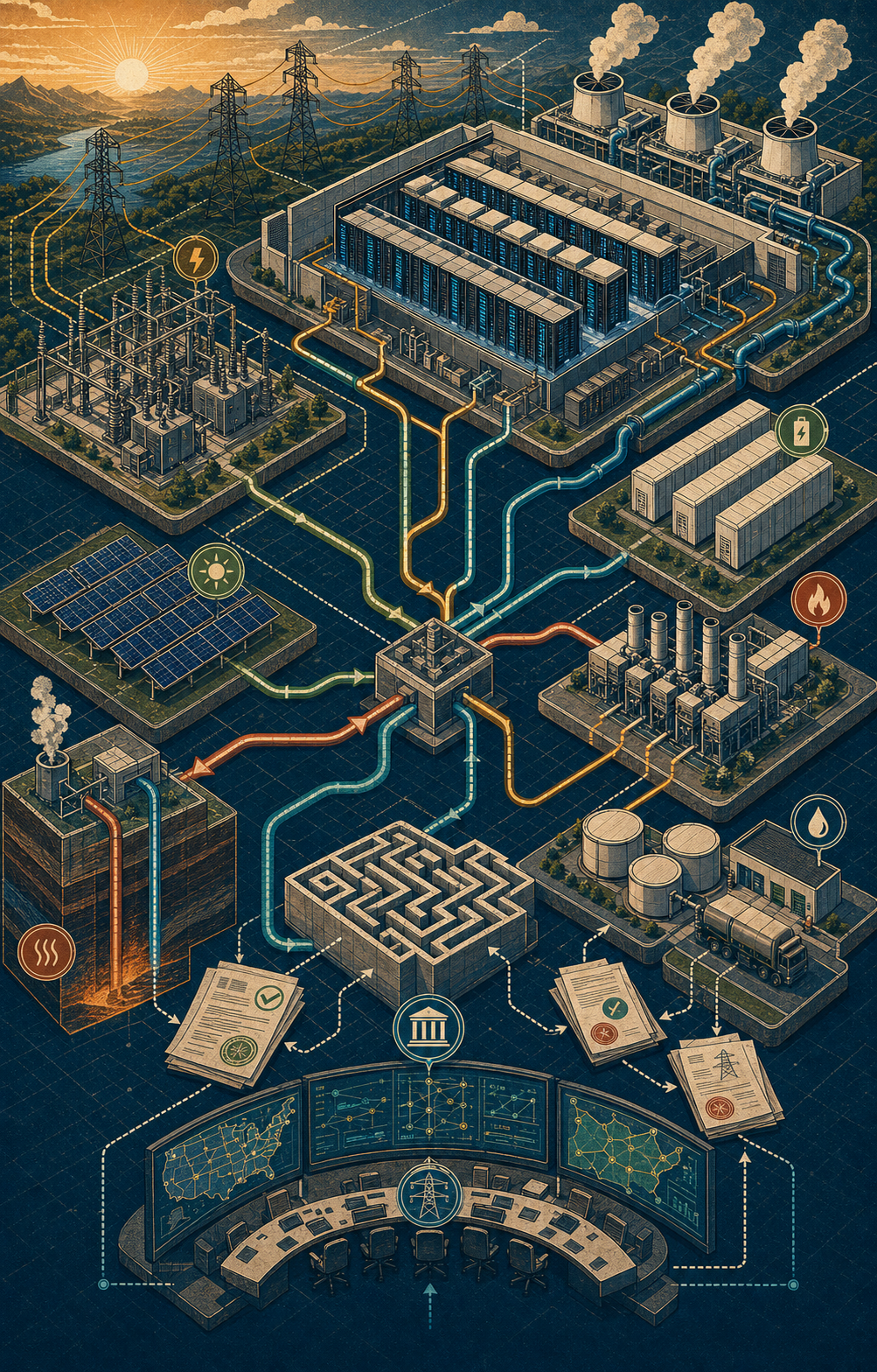 Illustrated cross-section poster of a data-center power supply stack with transmission, batteries, solar, turbines, geothermal well, backup fuel, and grid nodes.