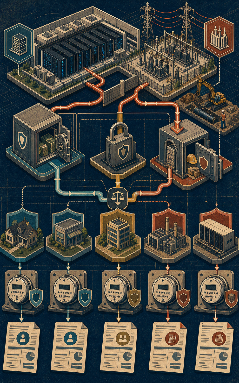 Illustrated tariff cutaway poster showing a data-center load block, substation upgrades, household meters, collateral, and branching cost paths.