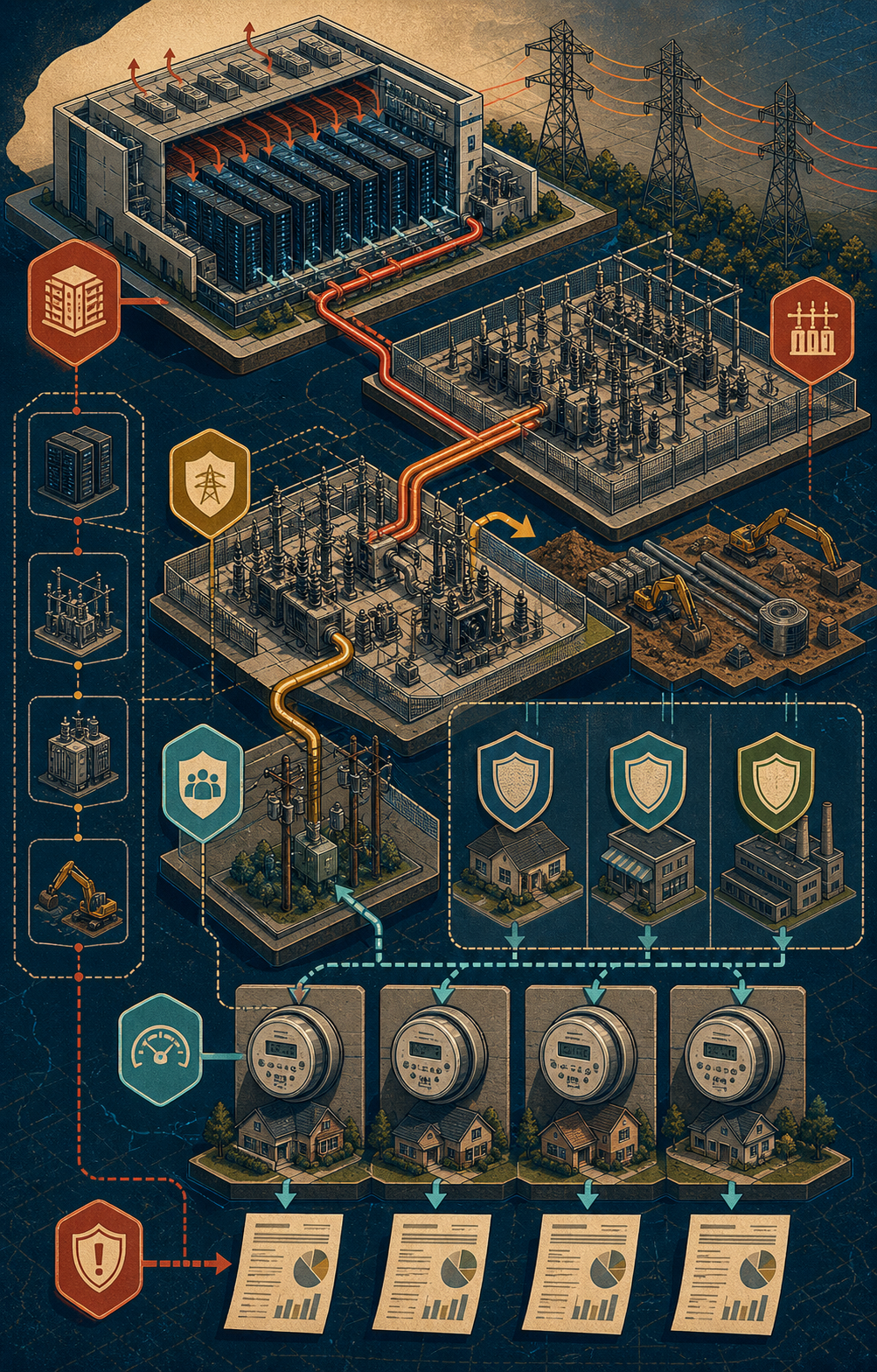 Illustrated systems poster showing data-center load, grid upgrades, customer classes, household meters, and cost-allocation paths.