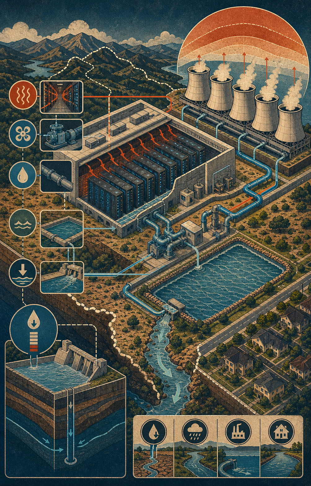 Illustrated cutaway poster of a data-center cooling system with server heat paths, towers, pumps, pipe loops, basin, and watershed boundary.
