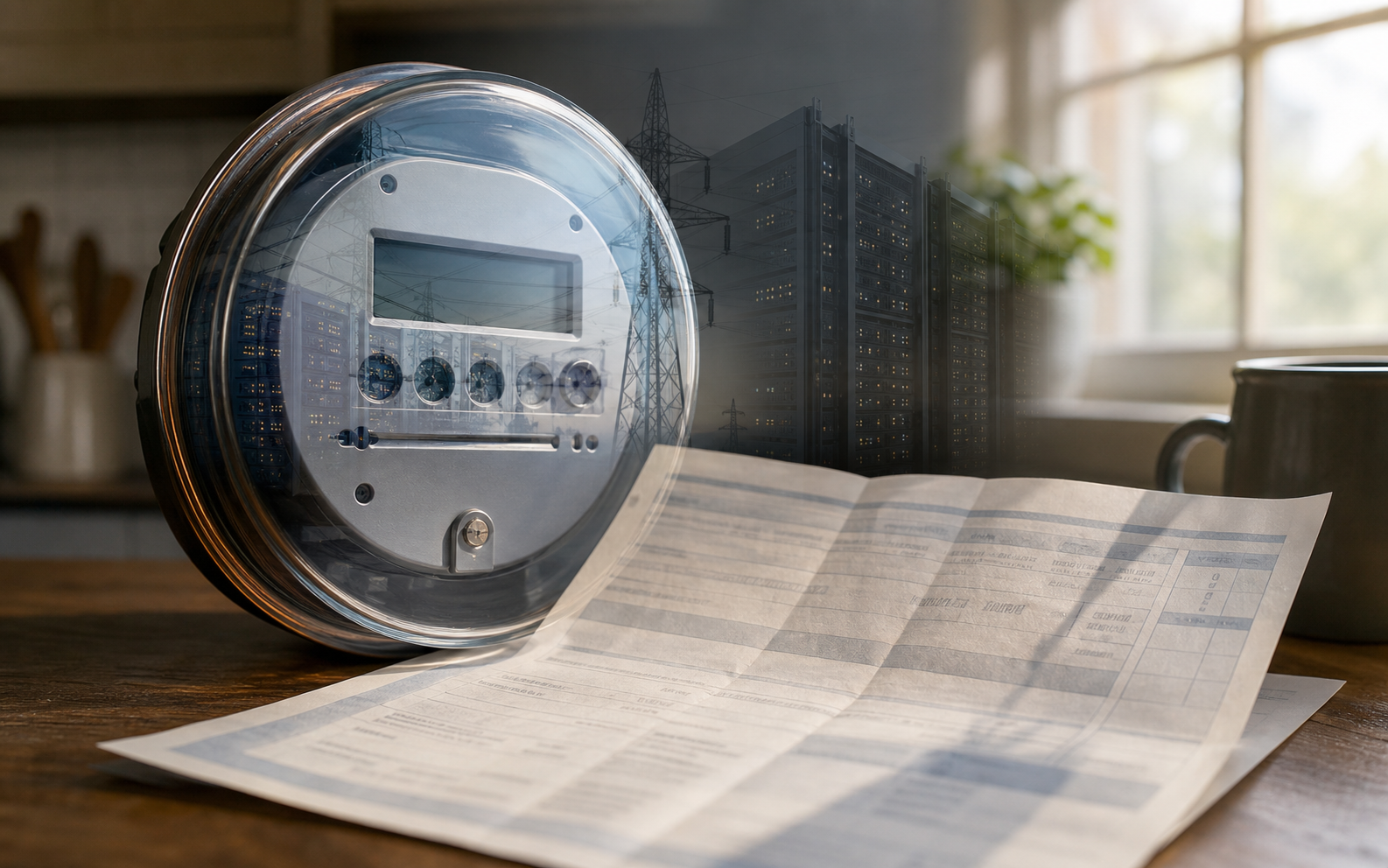 Household electric meter and utility bill with data-center reflection