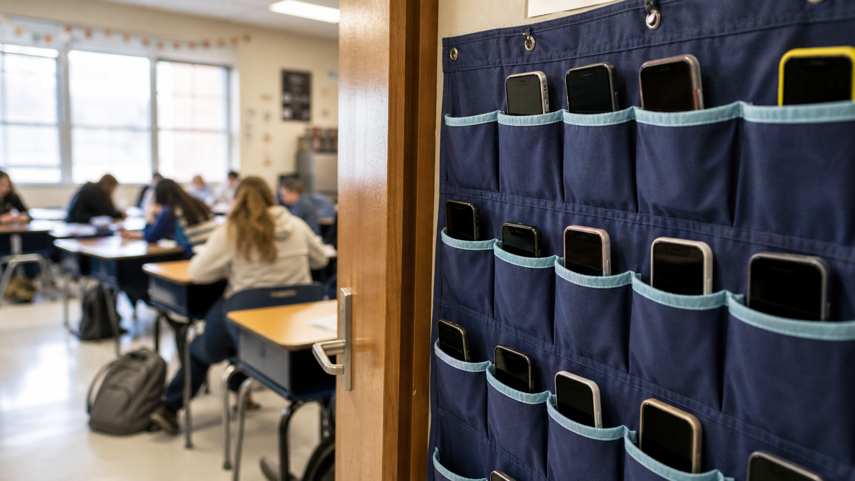 AI-generated photorealistic editorial image of classroom phone pouches near a doorway with students blurred in the background.