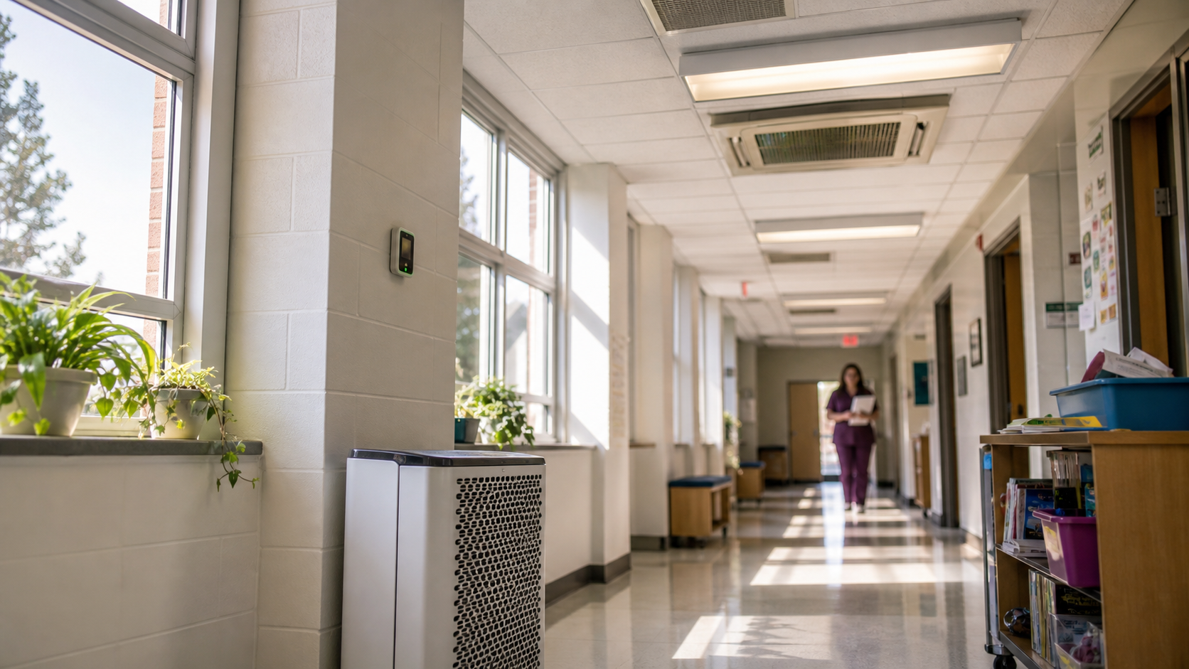AI-generated photorealistic editorial image of a school or hospital corridor with visible ventilation, a portable air filter, and a small air-quality monitor.