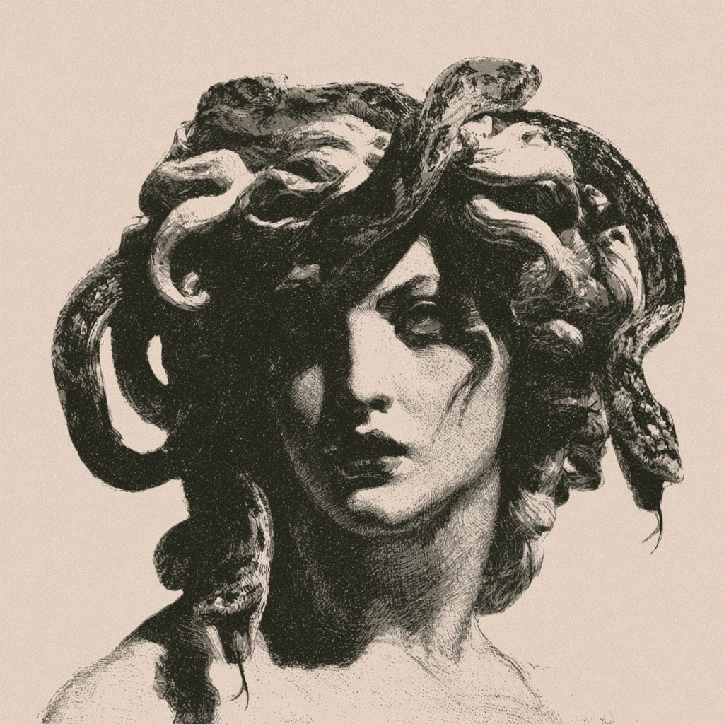 Sepia-toned ink portrait of Medusa with coiling snakes woven through her hair.