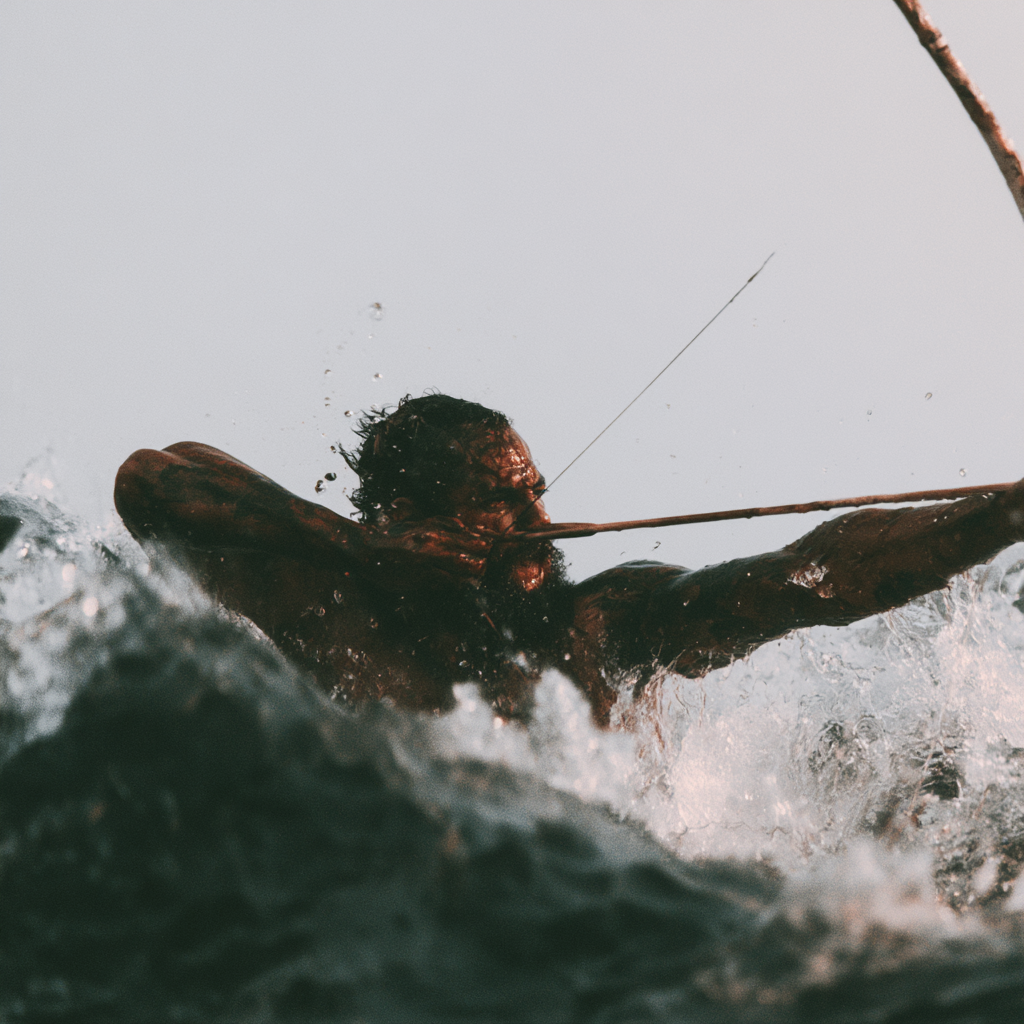 A wet, shadowed archer draws a bow while rising through churning water beneath a pale sky.
