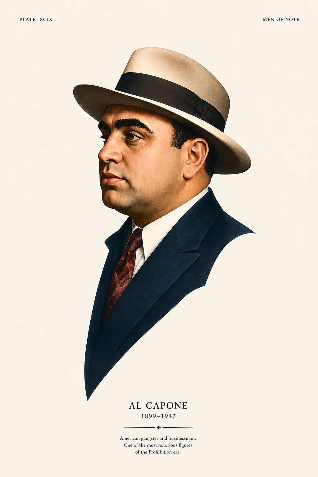 Illustrated reference portrait of Al Capone in a pale fedora, dark blue suit and patterned tie