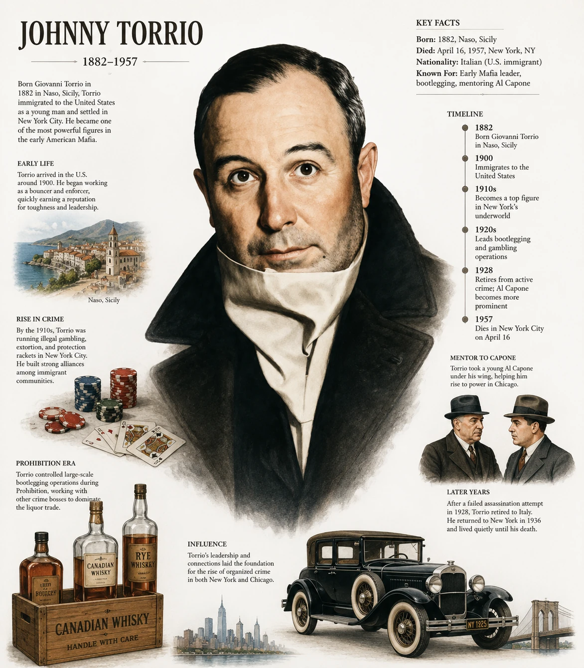 Illustrated Johnny Torrio profile surrounded by a timeline, Sicilian landscape, gambling objects, liquor bottles and a vintage car.