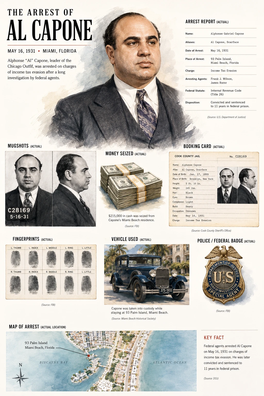 Illustrated dossier about Al Capone with a portrait, mugshot-style panels, cash, fingerprints, a booking card, car and map.