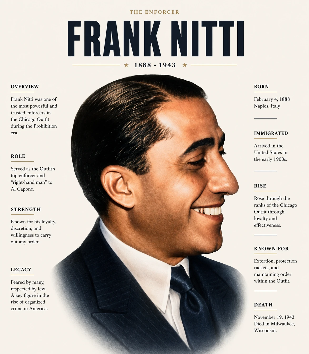 Illustrated profile of Frank Nitti in side view with short overview and biographical text columns.