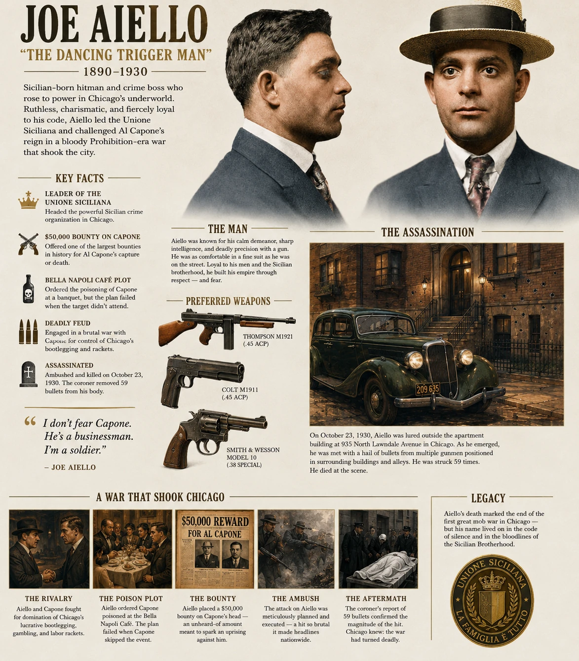 Illustrated Joe Aiello dossier with paired portraits, a period car, weapons and a sequence of underworld scenes.