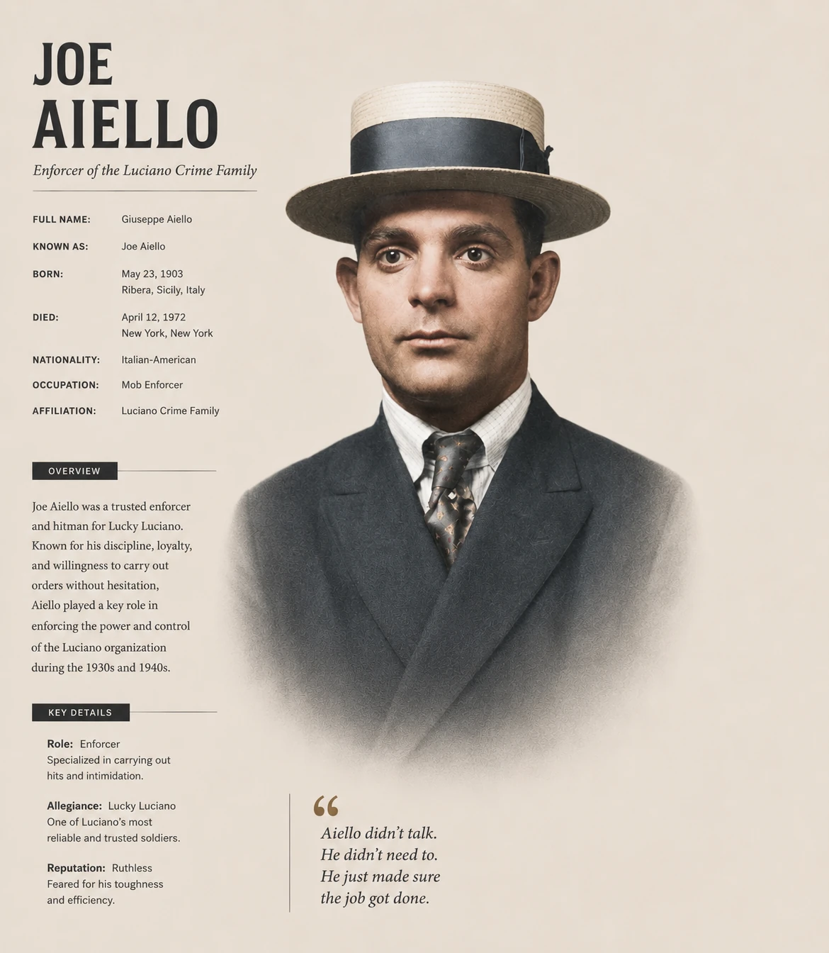 Illustrated portrait profile of Joe Aiello in a straw hat with biography and key-detail columns.