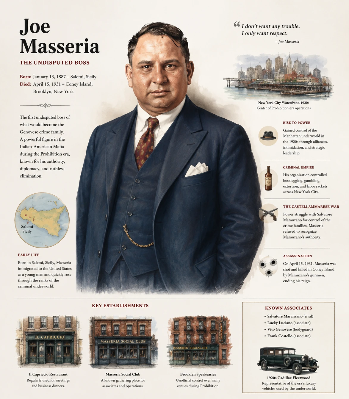 Illustrated Joe Masseria profile with a formal portrait, New York waterfront, maps, storefronts and a period car.