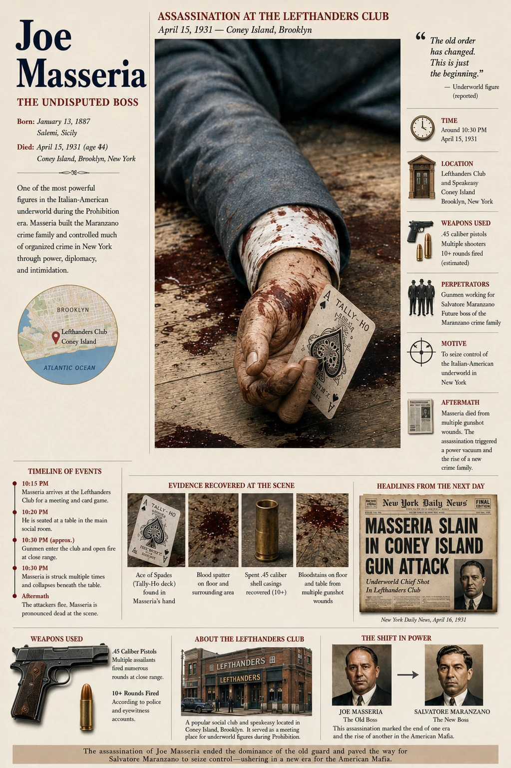 Illustrated crime-scene plate about Joe Masseria's assassination, centered on a bloodied hand holding a playing card.