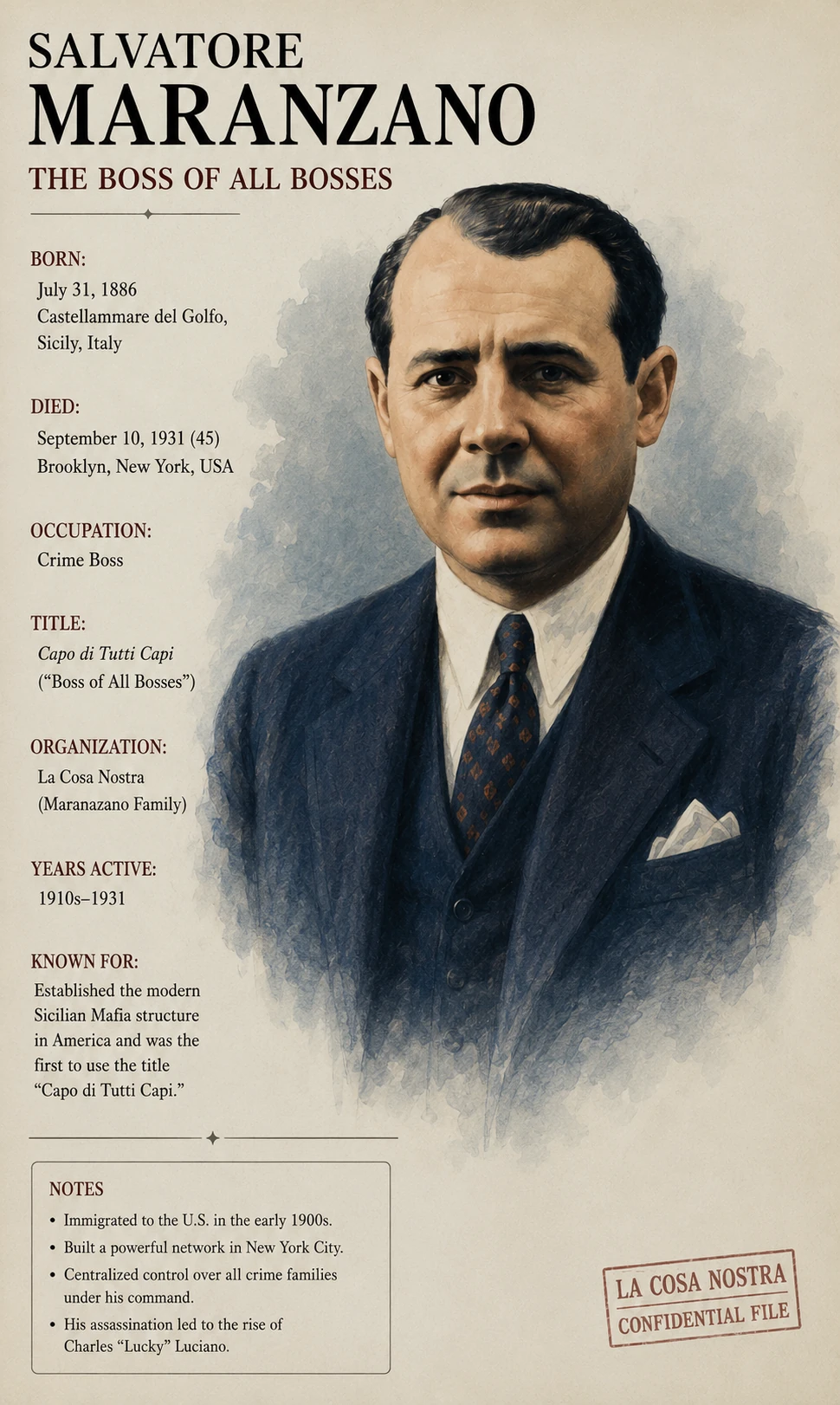 Tall illustrated profile of Salvatore Maranzano with a formal portrait and biographical notes.