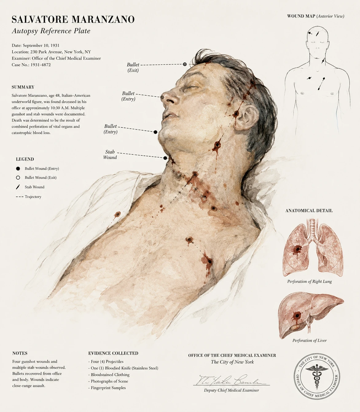 Synthetic medical-examiner-style illustration of Salvatore Maranzano with wound annotations and anatomical diagrams.