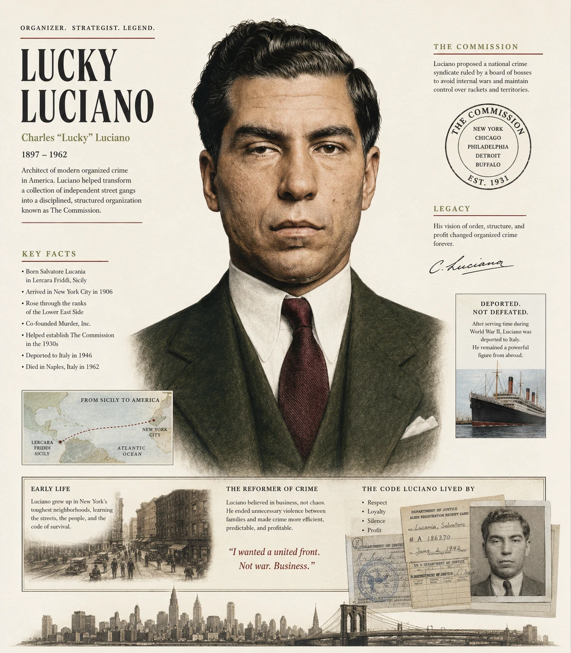 Illustrated Lucky Luciano profile with a central portrait, Commission seal, immigration map, skyline and document collage.