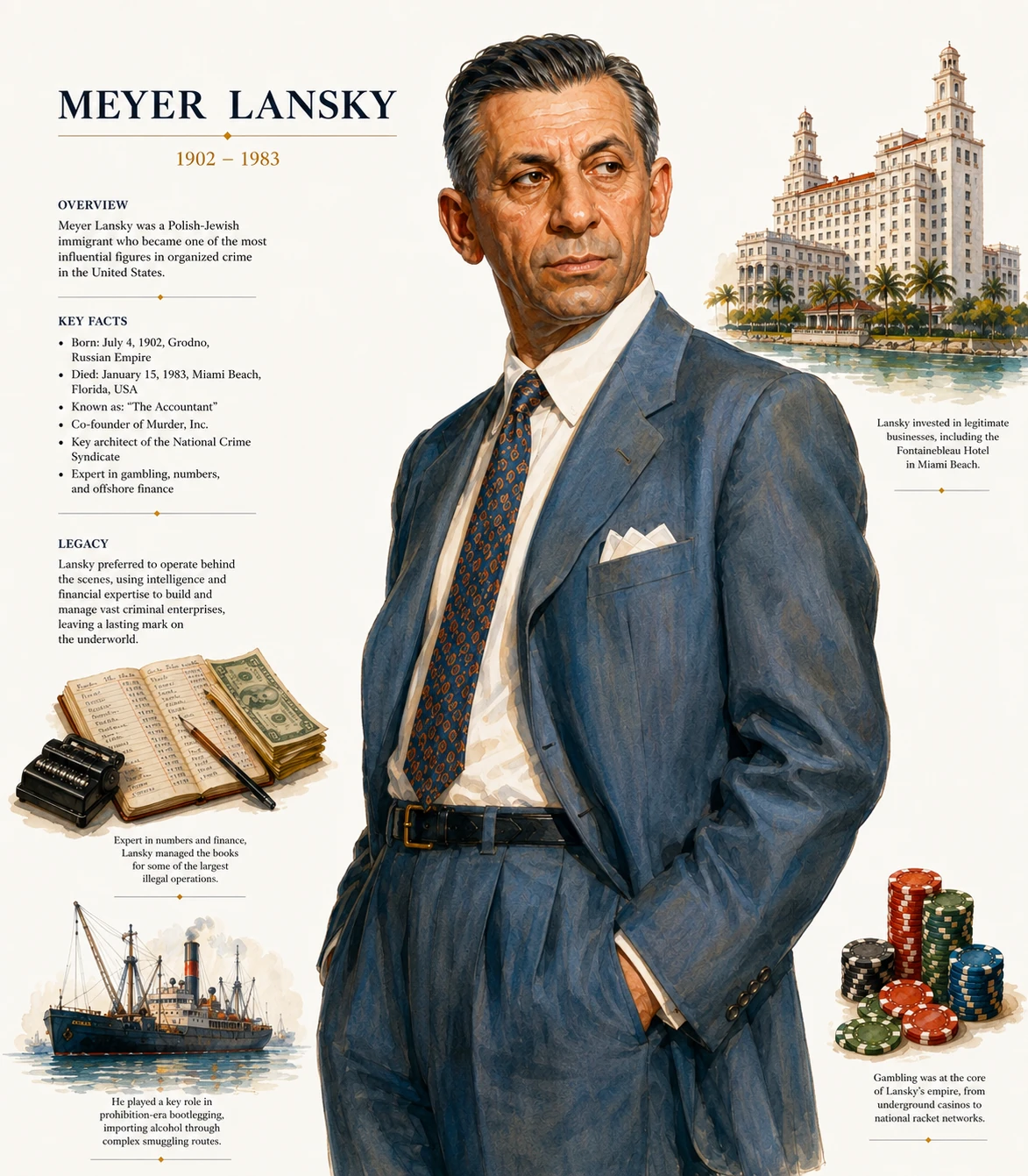 Illustrated Meyer Lansky profile with a full-length portrait, ledger, hotel, gambling chips and bootlegging ship.