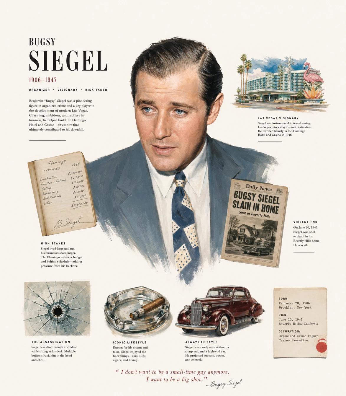 Illustrated Bugsy Siegel profile with a large portrait, Flamingo hotel, expense ledger, car and newspaper.