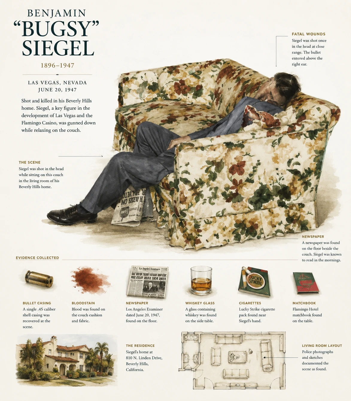 Illustrated crime-scene plate showing Bugsy Siegel slumped on a floral sofa with evidence objects and a room diagram.