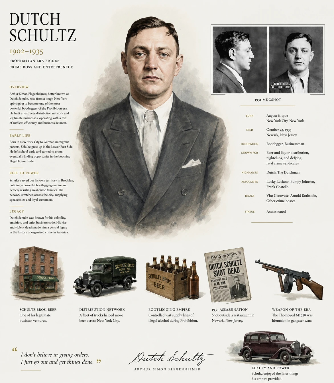 Illustrated Dutch Schultz profile with a large portrait, mugshot-style panel, beer business objects, newspaper and car.