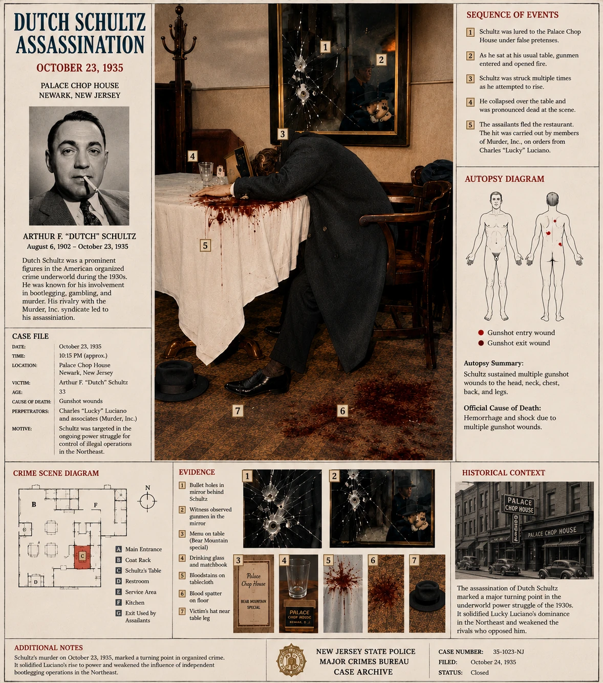 Synthetic case-file illustration of the Dutch Schultz assassination with a restaurant scene, evidence panels and diagrams.