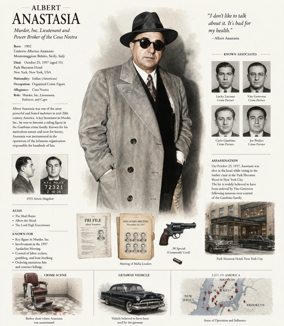 Illustrated Albert Anastasia profile with a full-length portrait, associates, generated records, revolver, barber chair, car and map.