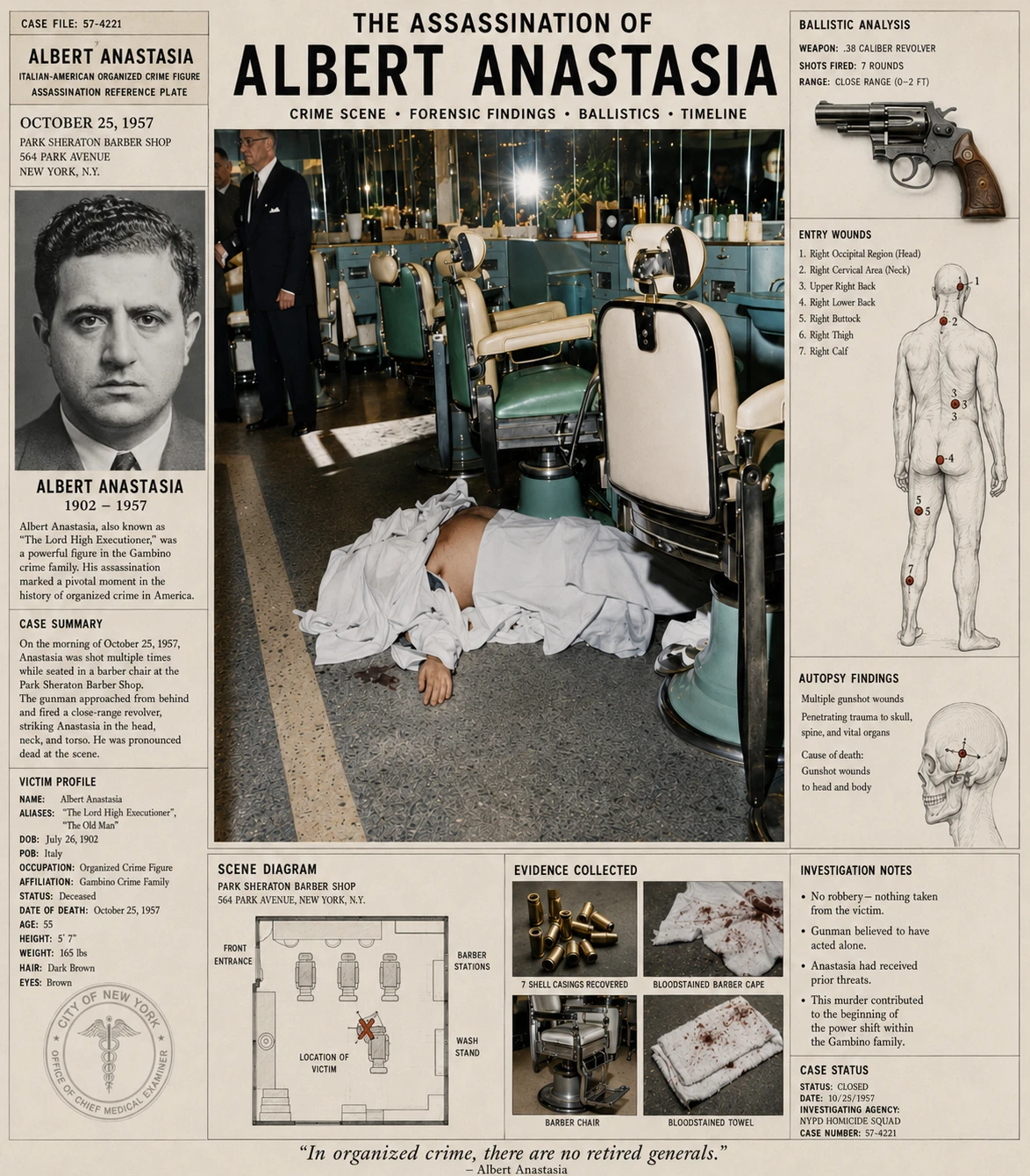 Synthetic case-file plate about Albert Anastasia's assassination with a covered body in a barber shop and forensic diagrams.