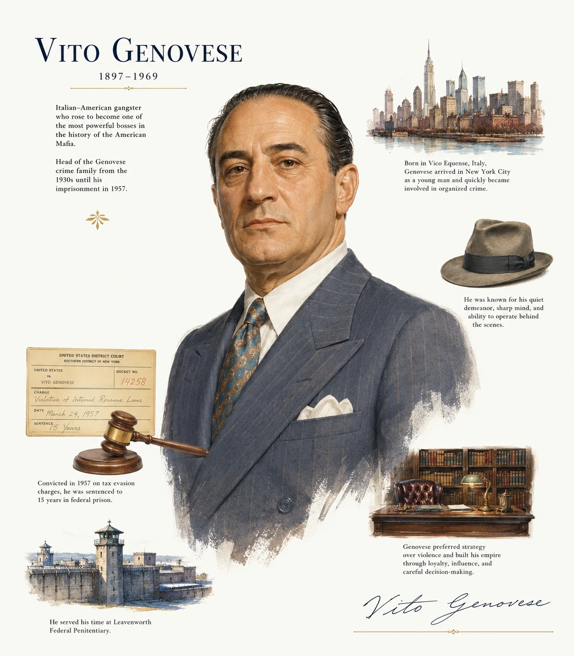 Illustrated Vito Genovese profile with a large portrait, Manhattan skyline, fedora, court card, prison and office.