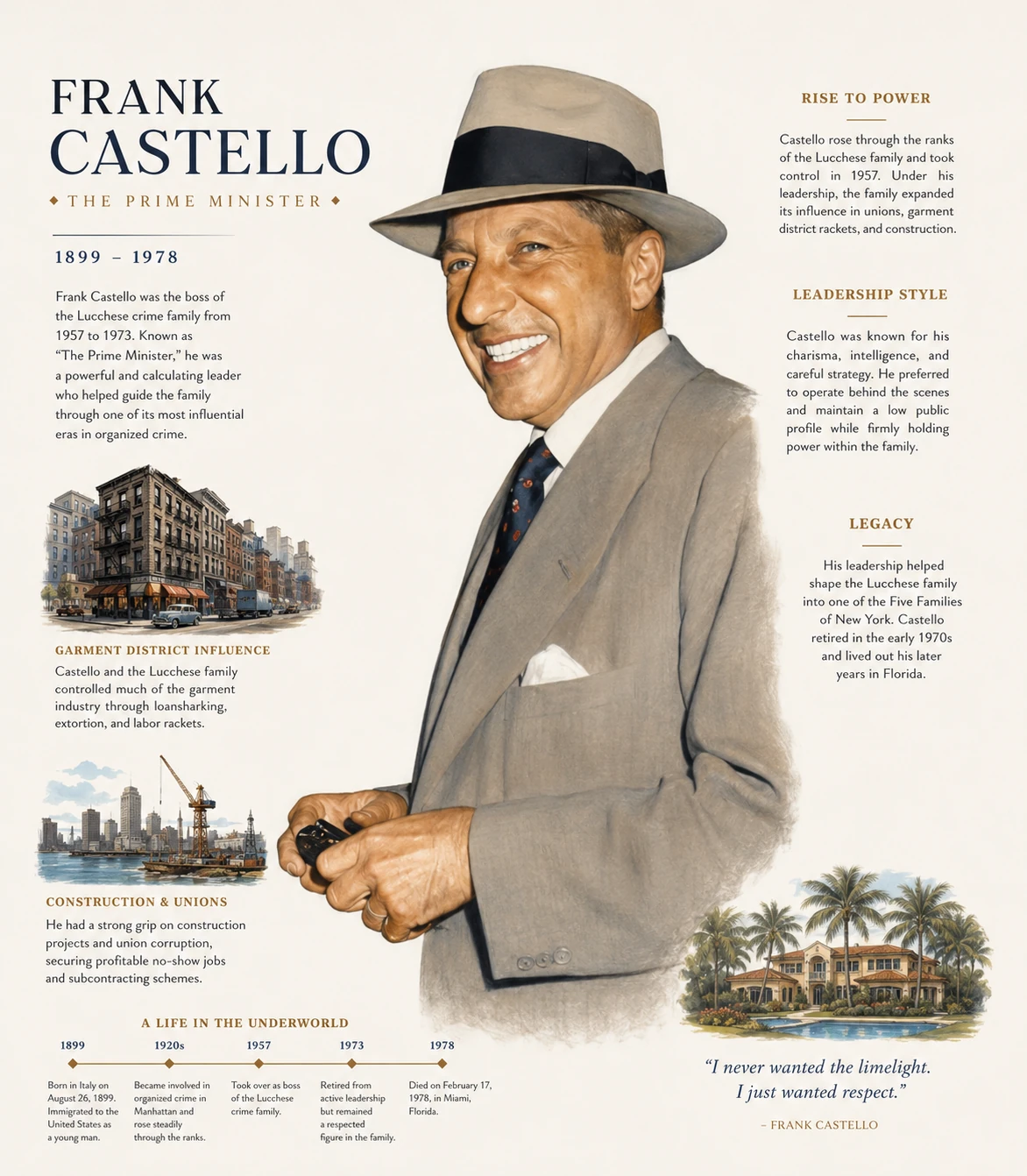 Illustrated Frank Costello profile with a smiling full-length portrait, Manhattan scenes, construction and a Florida estate.