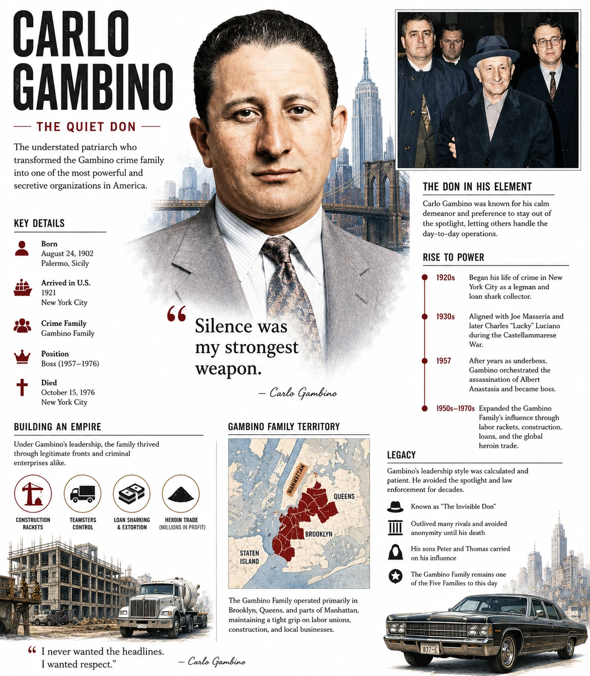 Illustrated Carlo Gambino profile with a central portrait, New York skyline, territory map, construction scene and vintage car.