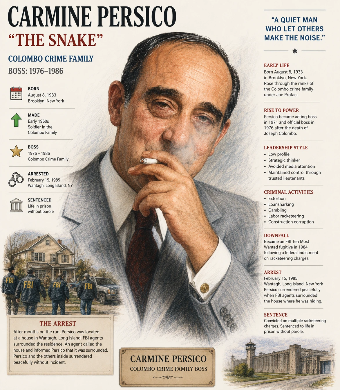 Illustrated Carmine Persico profile with a smoking portrait, biographical timeline, arrest scene and prison drawing.