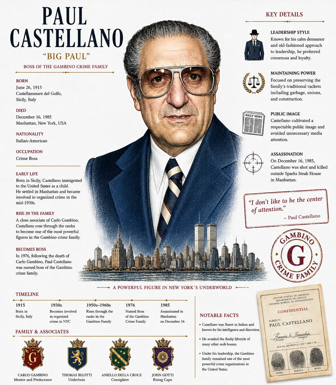 Illustrated Paul Castellano profile with a large portrait, Manhattan skyline, timeline, family crests and generated file card.