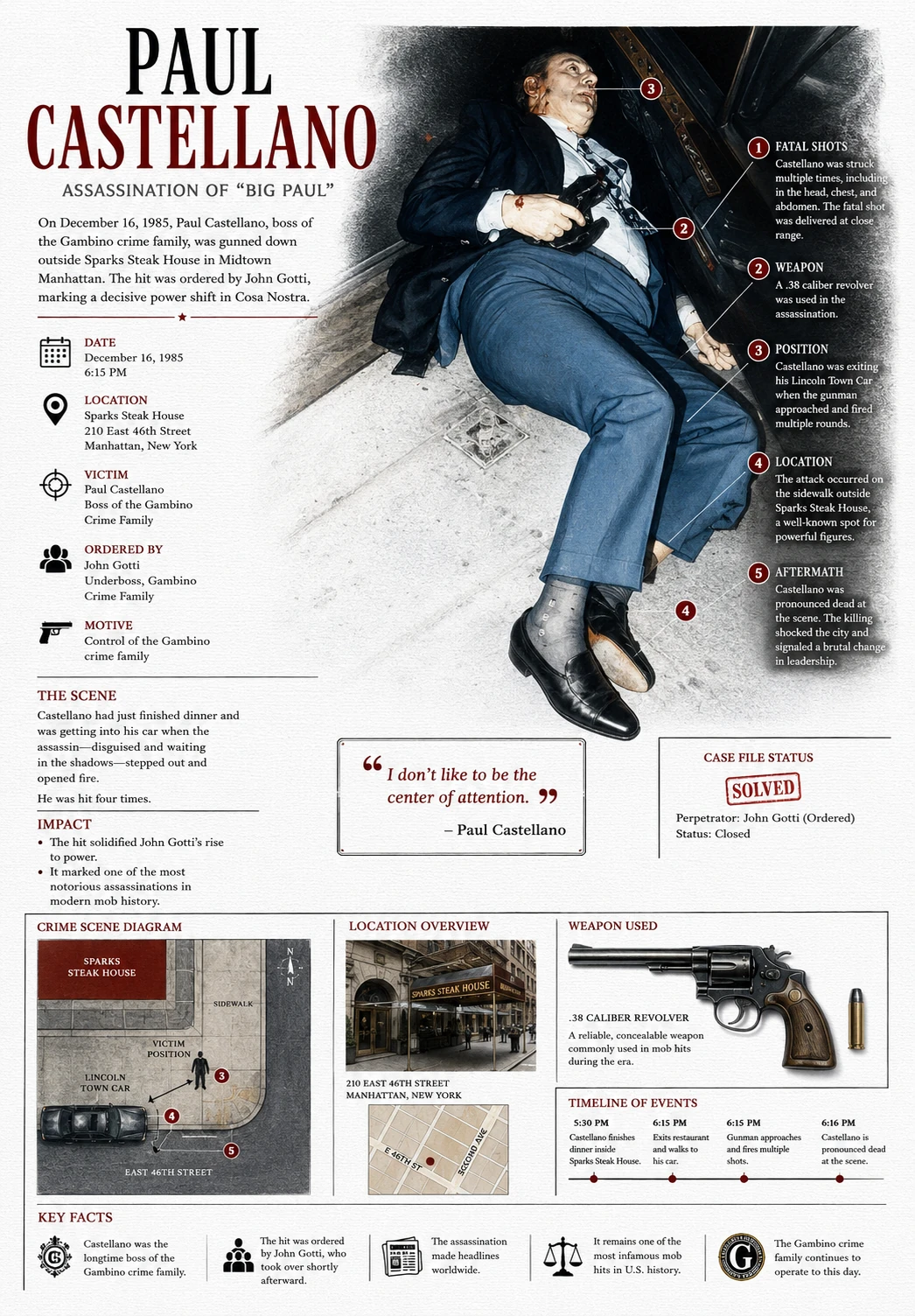 Synthetic case-file illustration of Paul Castellano's assassination with a body on a sidewalk, scene map and evidence panels.
