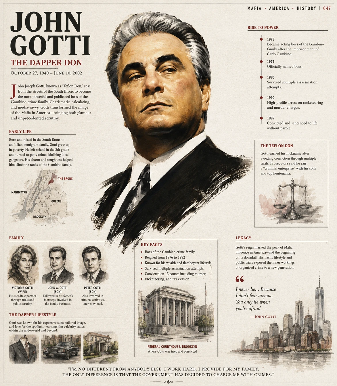 Illustrated John Gotti profile with a large portrait, family portraits, rise-to-power timeline, courthouse and skyline.