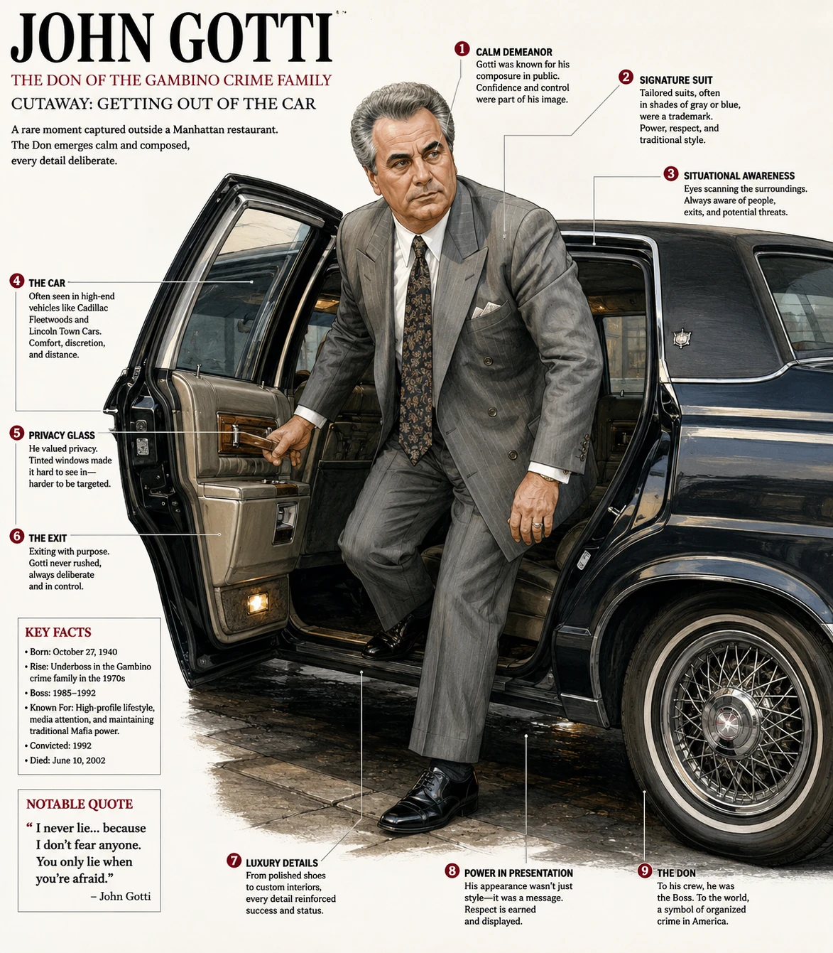 Illustrated cutaway of John Gotti stepping from a dark luxury car with numbered annotations about presentation and security.