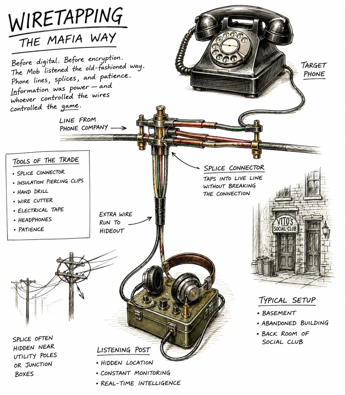 Hand-drawn-style wiretapping explainer with a rotary phone, splice connector, listening post and social-club sketch.