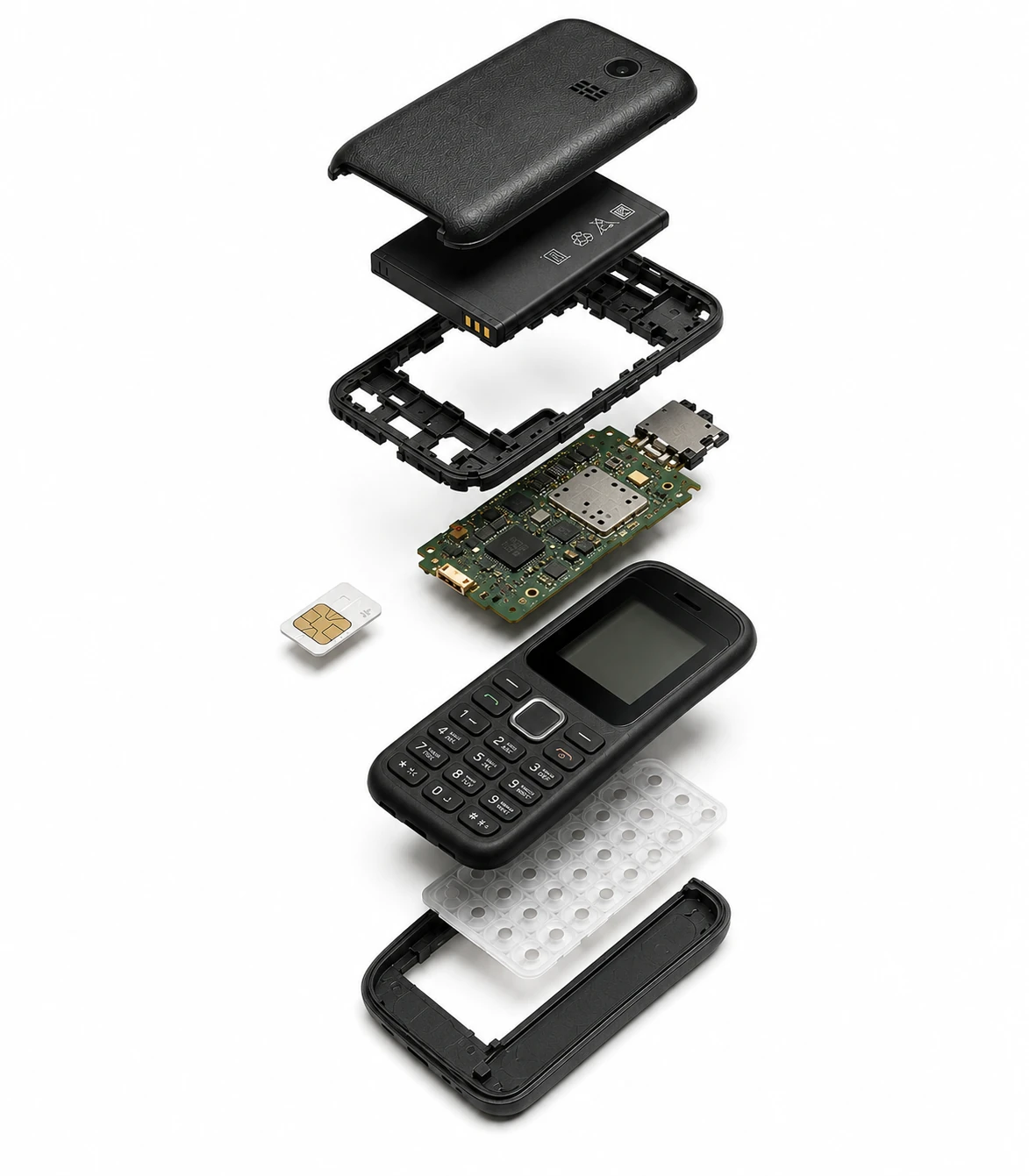 Exploded product-style rendering of a small black feature phone, battery, circuit board, SIM card and casing.