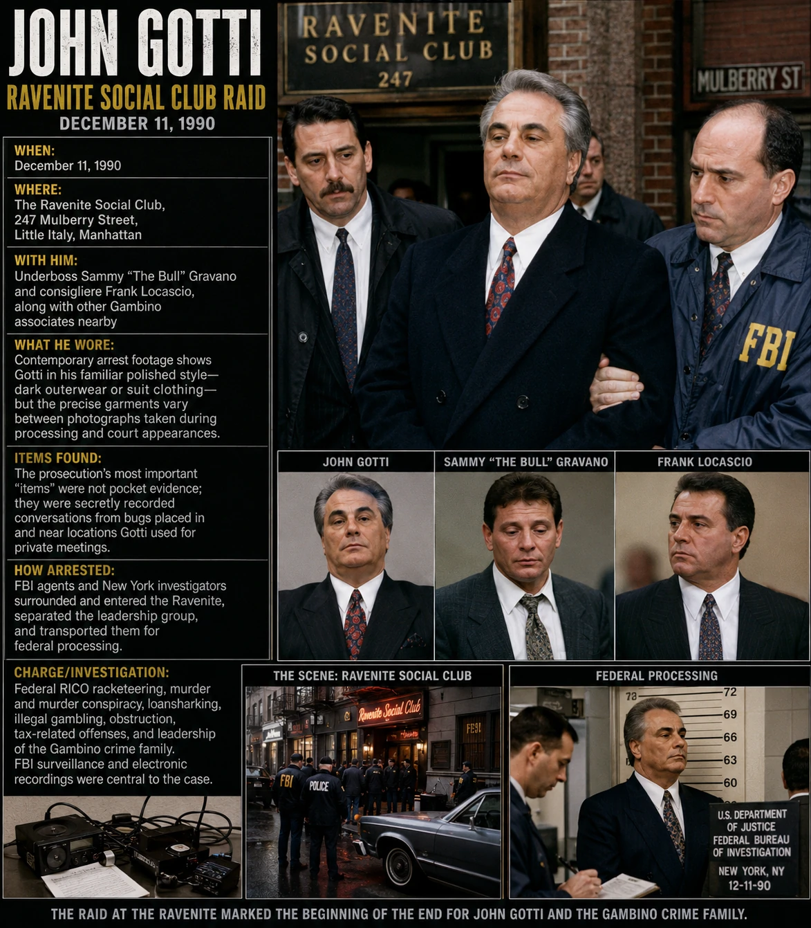 Dark illustrated dossier about the John Gotti Ravenite Social Club raid with arrest scene, portraits, surveillance equipment and processing images.