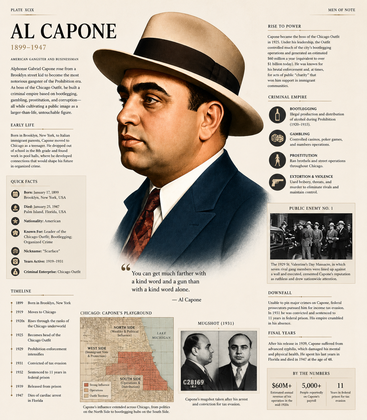 Illustrated Al Capone biography plate with a central portrait, quick facts, timeline, Chicago territory map, mugshot, criminal-enterprise notes and final-years summary.