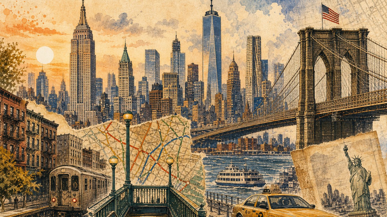 Illustrated New York City collage with the Manhattan skyline, Brooklyn Bridge, subway entrance, yellow taxi, harbor, and map details on warm newsprint