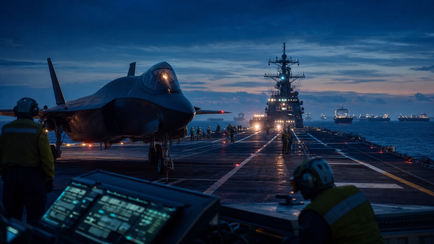 U.S. carrier deck at blue hour with a stealth aircraft, deck crew, command screens and distant ship lights
