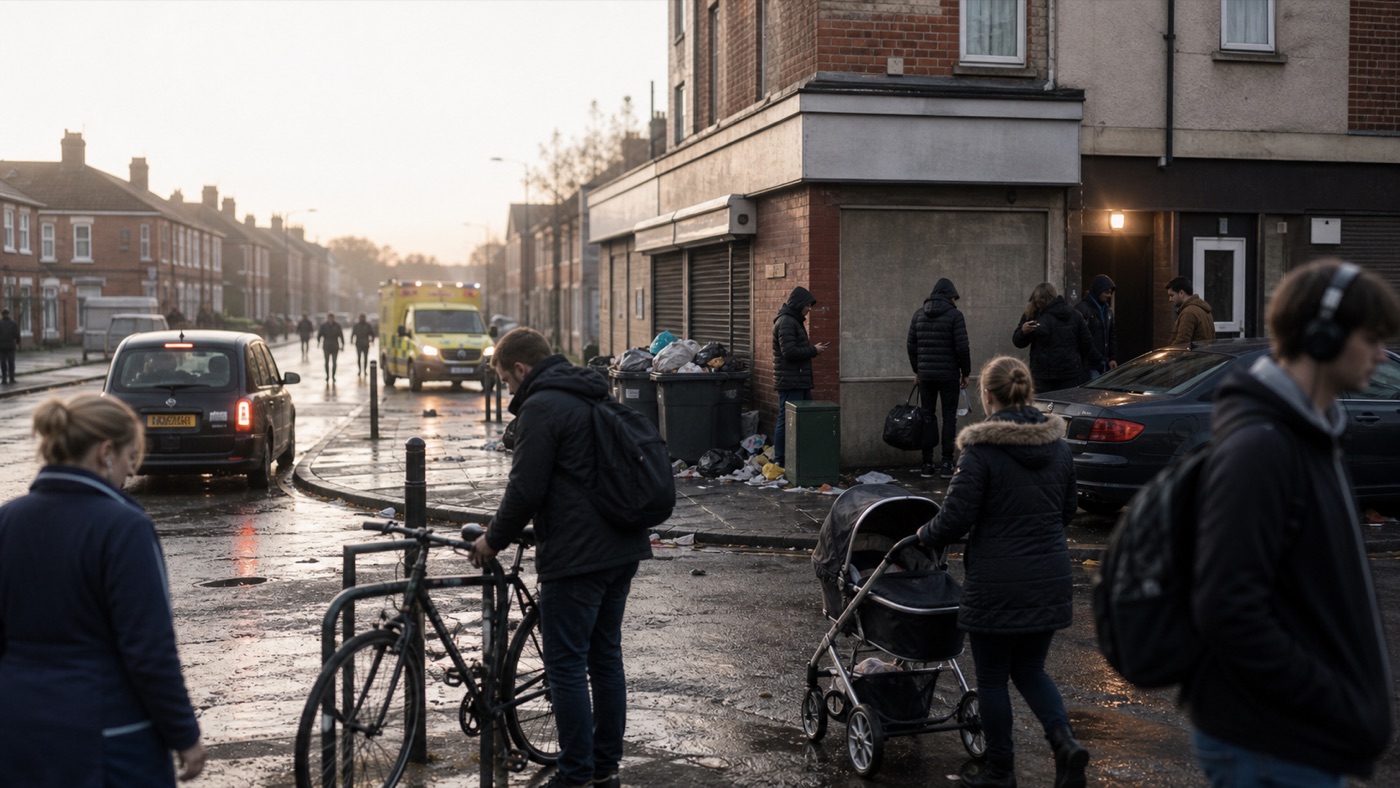 Image of a rainy British residential street with ordinary residents, an ambulance in the distance and anonymous figures near a doorway suggesting hidden trafficking pressure