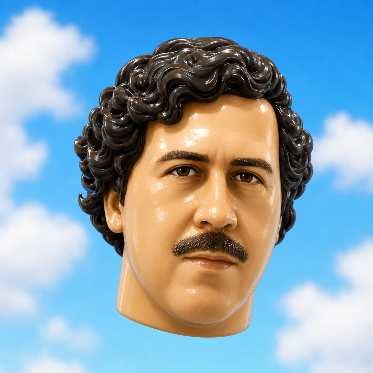 Glossy stylized floating illustrated head of a mustached man against a bright blue sky with soft white clouds