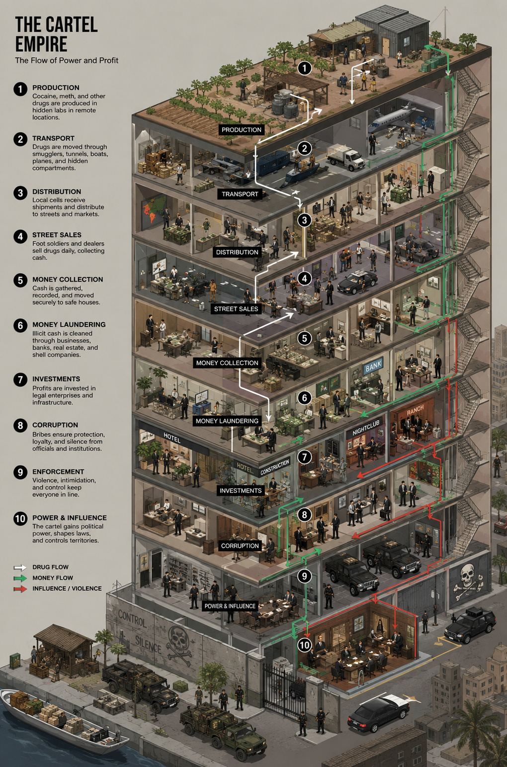 Isometric cutaway illustration labeled The Cartel Empire showing production, transport, distribution, street sales, money collection, laundering, investments, corruption, enforcement, and influence.