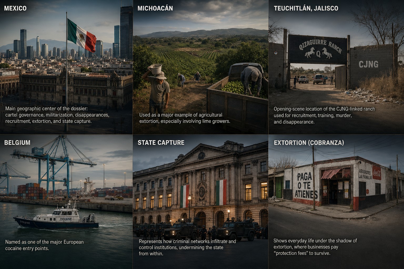 Six-panel editorial geography image showing Mexico, Michoacan, Teuchitlan, Belgium, state capture, and extortion.