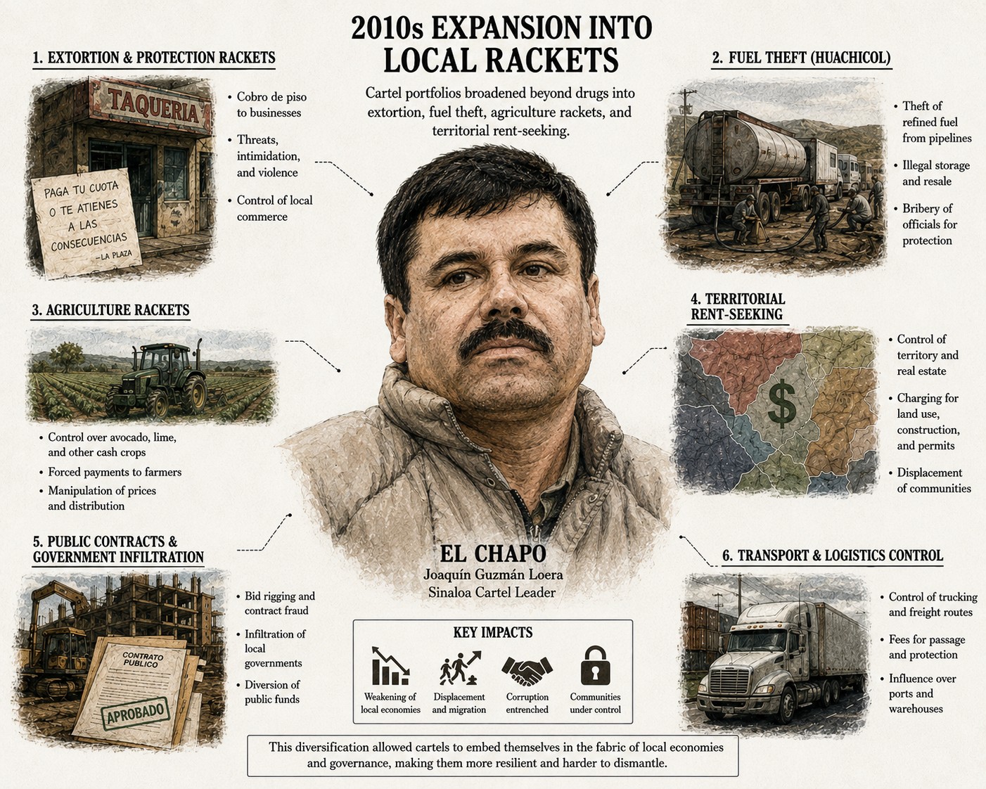 Infographic showing 2010s expansion into local rackets around El Chapo.