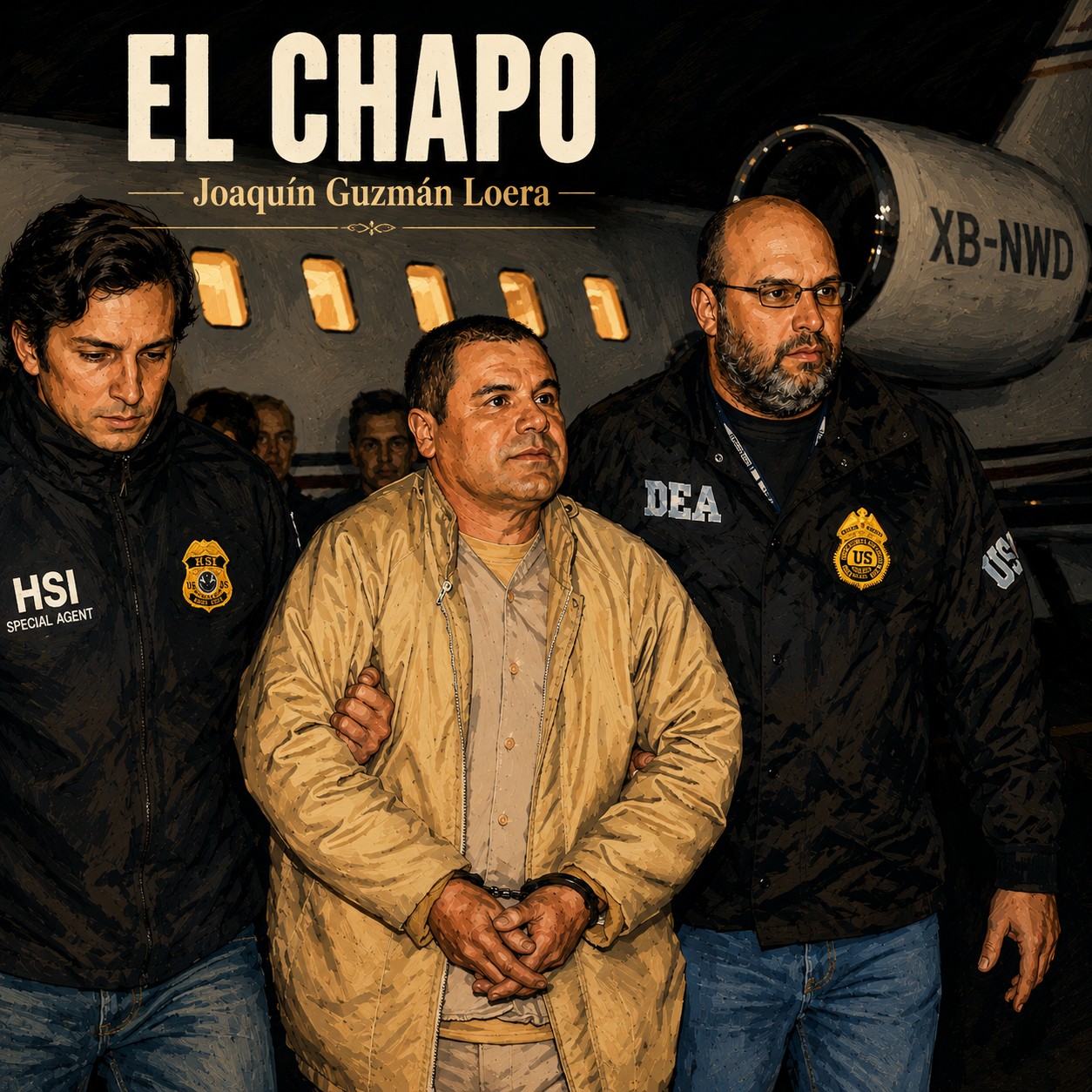 Editorial illustration of Joaquin El Chapo Guzman Loera in custody.